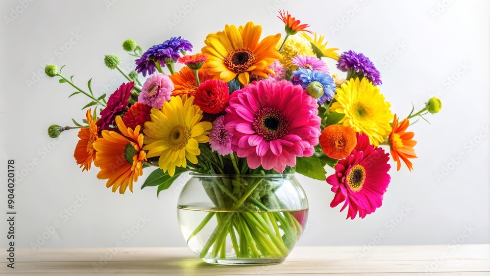A colorful and cheerful bouquet of gerbera daisies in a clear glass vase symbolizes joy, happiness, and fresh beginnings.