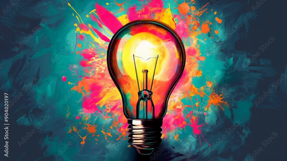 Concept of creative idea. Illustration of glowing light bulb on abstract colorful background. Slow motion Concept of creative idea. Illustration of glowing light bulb on abstract colorful background. Slow motion
