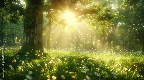 Sunlight filtering through trees in a lush green forest with wildflowers on the ground