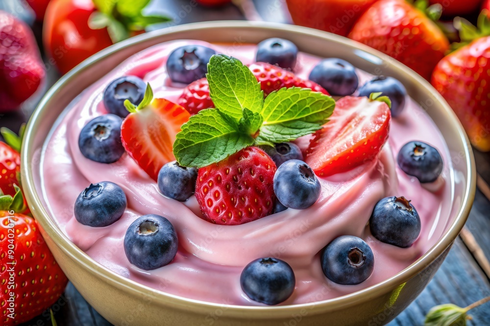 Freshly prepared vibrant pink homemade yogurt with a silky smooth creamy texture topped with juicy sweet blueberries or ripe strawberries in a macro view. Freshly prepared vibrant pink homemade yogurt with a silky smooth creamy texture topped with juicy sweet blueberries or ripe strawberries in a macro view.