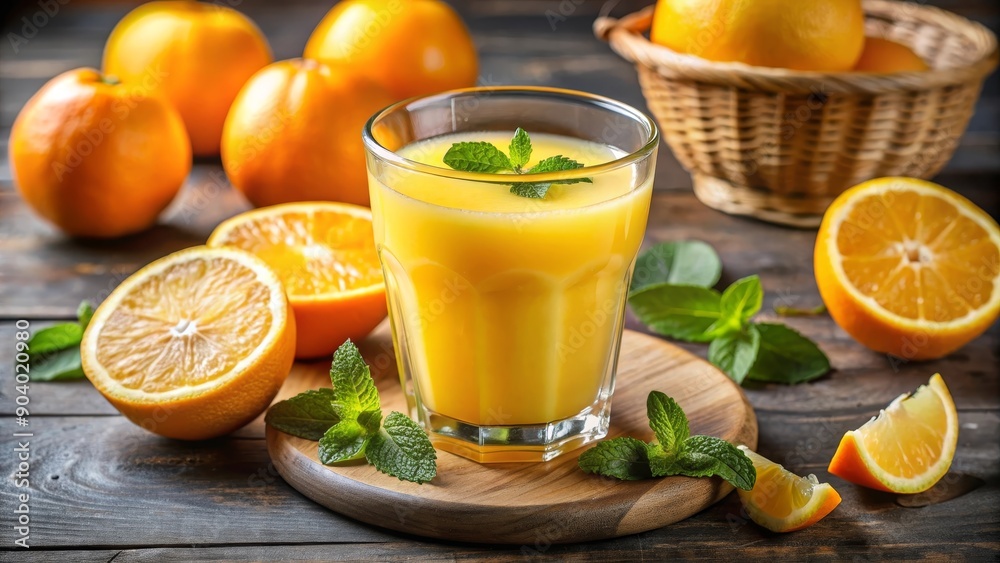 A glass of orange juice with fresh mint leaves, surrounded by sliced oranges and whole oranges on a rustic wooden surface. The image evokes freshness, health, and a healthy lifestyle. A glass of orange juice with fresh mint leaves, surrounded by sliced oranges and whole oranges on a rustic wooden surface. The image evokes freshness, health, and a healthy lifestyle.