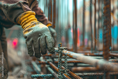Close-up of a worker inspecting concrete quality at a construction site, investing in infrastructure projects and government support concept