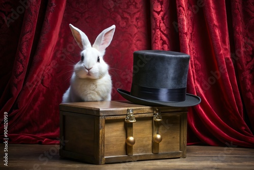 A top hat and ornate box sit on a velvet-draped table beside a nervous rabbit awaiting its disappearance in a classic magic trick. photo