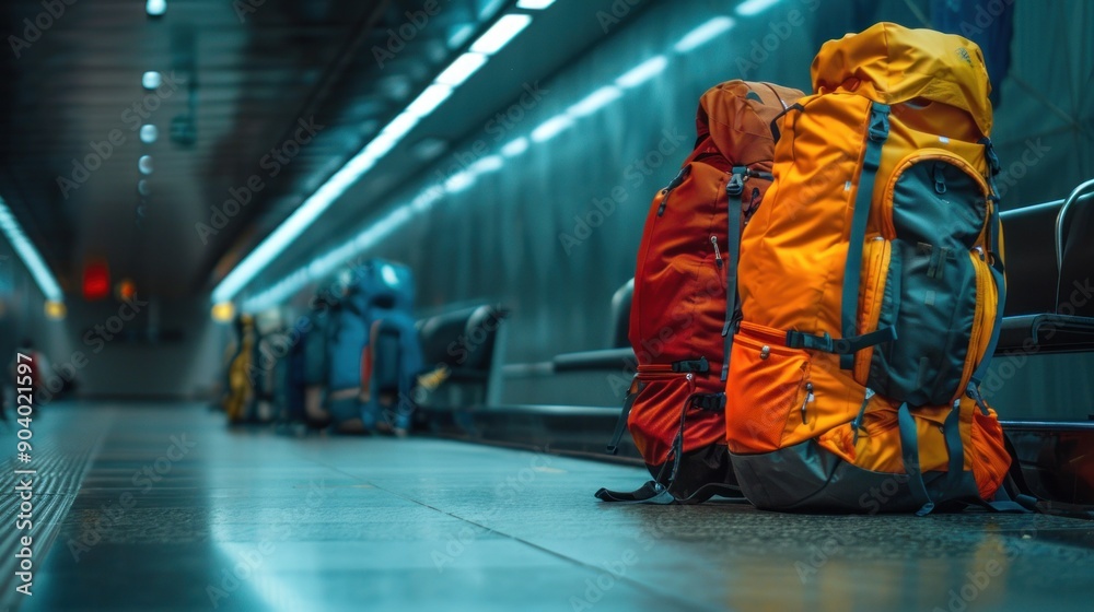 Two Brightly Colored Backpacks Left on a Subway Platform Two Brightly Colored Backpacks Left on a Subway Platform