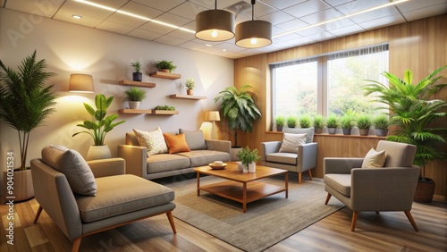 A warm and inviting counseling room setup with comfortable seating, plants, and soft lighting, conveying a sense of trust, empathy, and supportive mental health care. photo