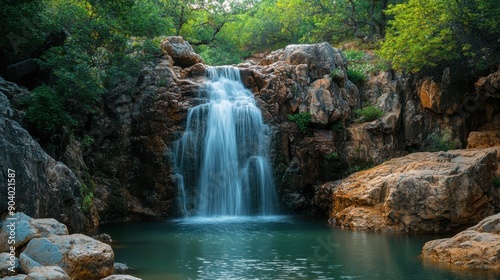 A breathtaking view of a waterfall cascading down a rocky cliff into a pool below 