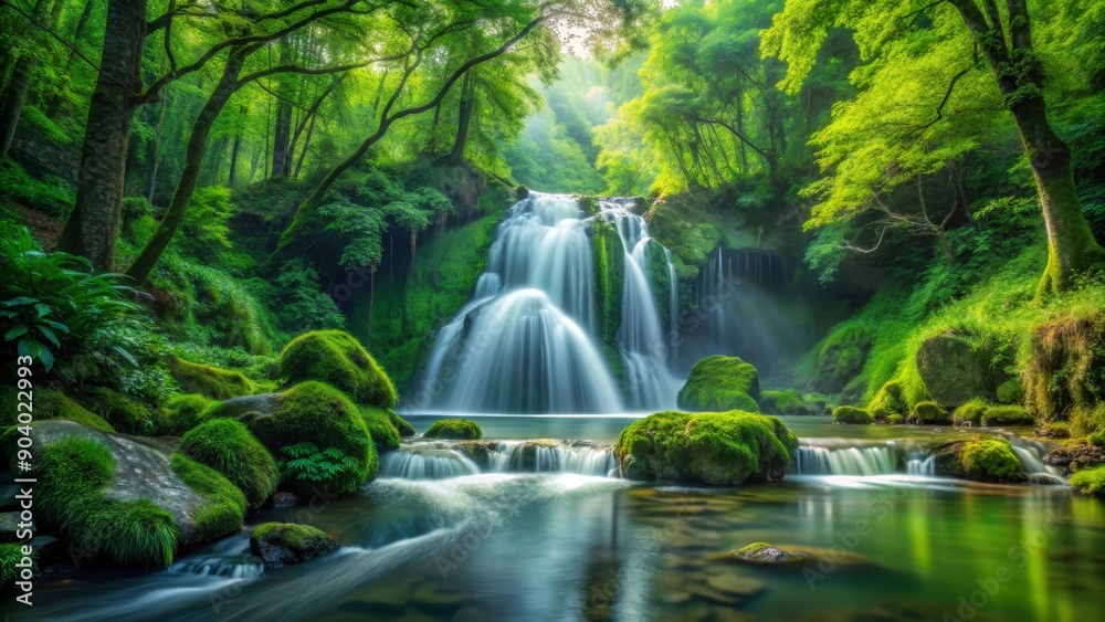 A serene waterfall cascades down mossy rocks in a lush green forest, symbolizing nature's beauty, tranquility, and the power of water.