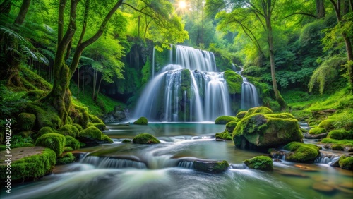 A serene waterfall cascades down moss-covered rocks, surrounded by vibrant green foliage and sunlight filtering through the trees, symbolizing tranquility, nature's beauty, serenity, rejuvenation, and