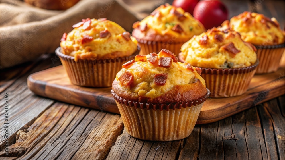 Freshly baked muffins filled with crispy bacon, melted cheddar cheese, and scrambled eggs, arranged on a rustic wooden table with plenty of copy space. Freshly baked muffins filled with crispy bacon, melted cheddar cheese, and scrambled eggs, arranged on a rustic wooden table with plenty of copy space.