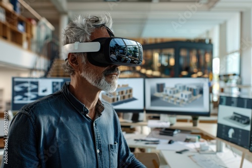 A man wearing a VR headset engages with virtual architectural models in a modern studio setting, demonstrating an innovative approach to design and visualization in architecture. photo