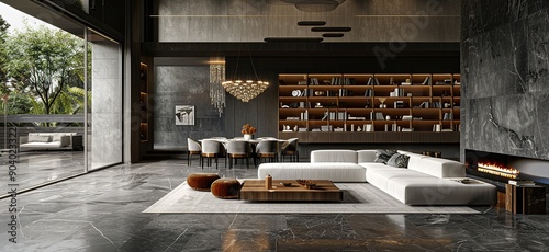Modern Living Room Interior Design with High Ceiling, Featuring a White Sofa, Black Marble Coffee Table, and Crystal Chandelier Hanging Above Bookshelves. 