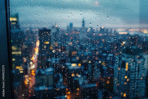 Rainy cityscape through a window with water droplets and blurry lights photo