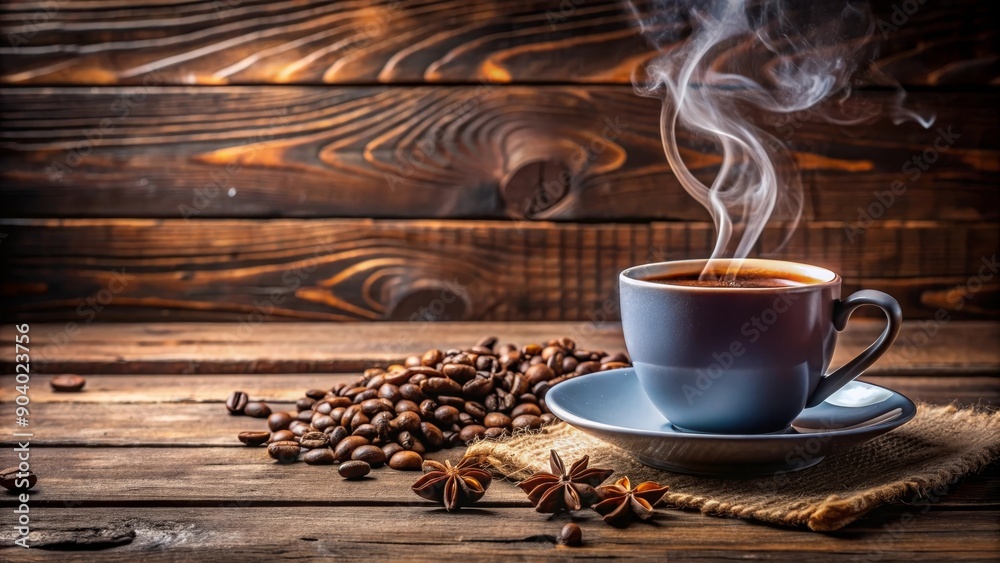A steaming cup of coffee on a rustic wooden table, surrounded by roasted coffee beans and star anise, symbolizing warmth, energy, flavor, aroma, and comfort. A steaming cup of coffee on a rustic wooden table, surrounded by roasted coffee beans and star anise, symbolizing warmth, energy, flavor, aroma, and comfort.