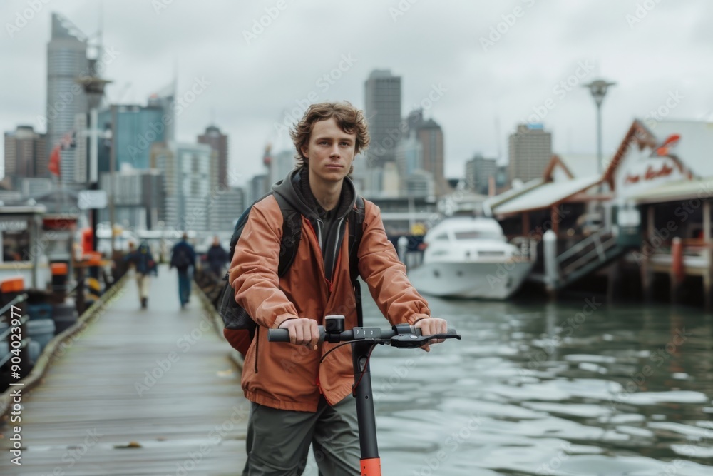 Obraz premium A young man rides an electric scooter on a pier with the city skyline in the background, symbolizing the combination of modern urban life and eco-friendly transportation near water.