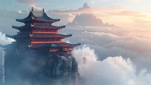 An ancient temple perched on a mountain peak with clouds swirling below.
