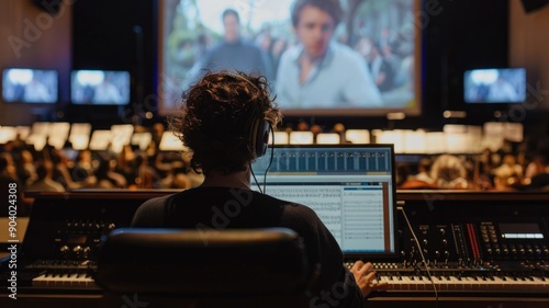 A composer working in a studio, scoring music for a film with a large screen showing scenes in the background photo