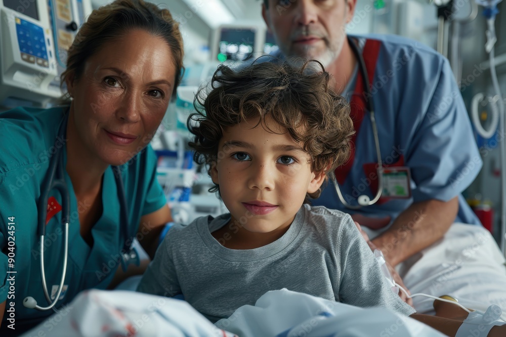 Obraz premium The image captures two doctors attending to a child patient in a hospital room, expressing the team effort of healthcare professionals providing medical care in a clinical setting.