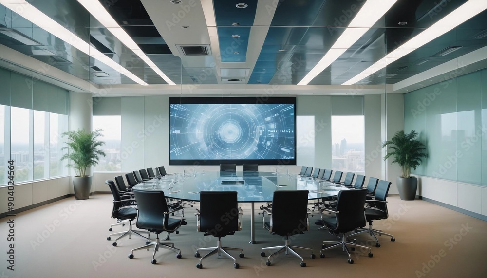 High-tech conference room with a large digital screen and glass walls
High-tech conference room with a large digital screen and glass walls