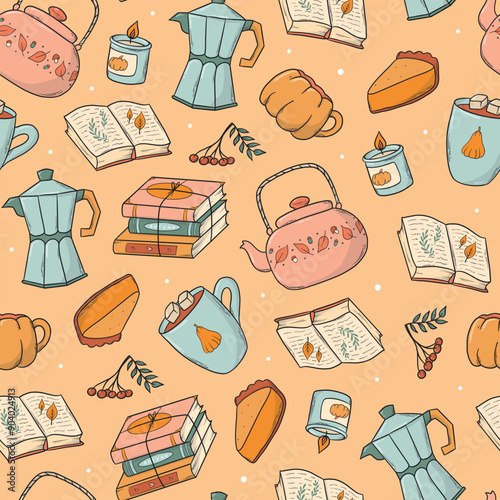 Cute autumn seamless pattern with cozy doodles of coffee cups, kettles, books, pumpkin pies for prints, wrapping paper, textile, scrapbooking, stationery, wallpaper, digital backgrounds, etc. EPS 10