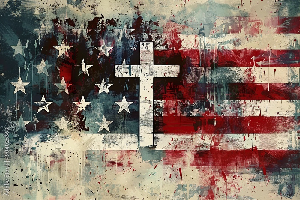 American flag and cross over the flag. Grunge illustration in abstract ...