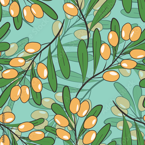 Seamless pattern with sea buckthorn. Natural fresh ripe tasty berries. Vector illustration for background, packaging, textile, fabric and various other designs