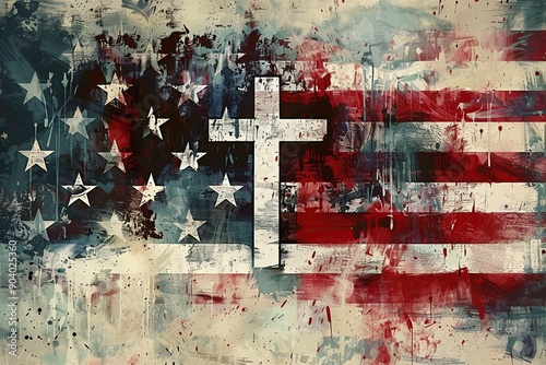American flag and cross over the flag. Grunge illustration in abstract art style . Generative Ai