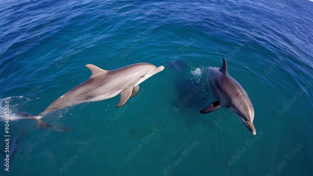 Naklejka premium Two playful dolphin pod swimming on the sea