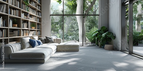 Modern Living Room with Minimalist Design Featuring a Sofa, Bookshelves, and White Walls. The Space Showcases Blue Accents, Natural Light, Clean Lines, and a Neutral Color Palette. 