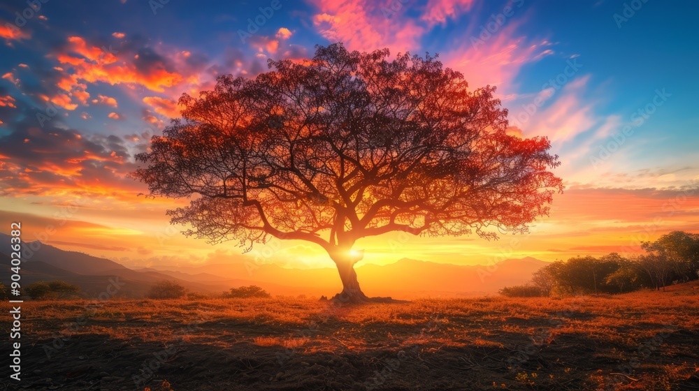 Illustration of a fantastic magic big autumn tree with deep strong roots and large crowns Illustration of a fantastic magic big autumn tree with deep strong roots and large crowns