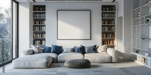 Modern Living Room with Minimalist Design Featuring a Sofa, Bookshelves, and White Walls. The Space Showcases Blue Accents, Natural Light, Clean Lines, and a Neutral Color Palette. 