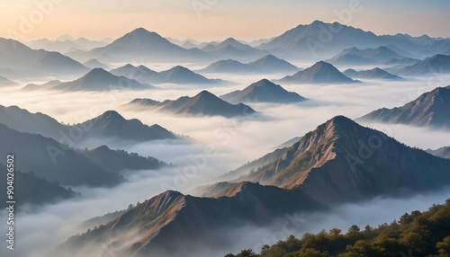 Background image of North Korea's mountains with mist and early morning light creating a mystical effect 