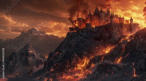 A medieval castle perched atop a mountain peak is crumbling and engulfed in flames due to a volcanic eruption. The fiery lava flows down the mountainside