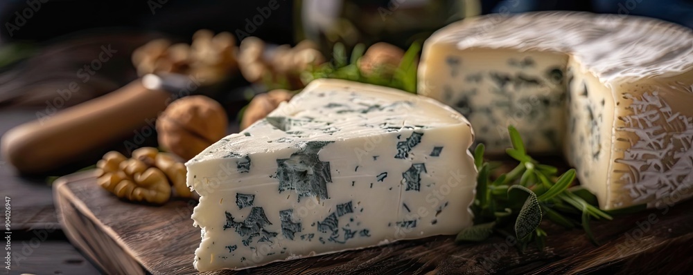 Close-up of a wedge of blue cheese on a wooden board, surrounded by nuts and herbs, featuring a rustic and artisanal food presentation. Close-up of a wedge of blue cheese on a wooden board, surrounded by nuts and herbs, featuring a rustic and artisanal food presentation.