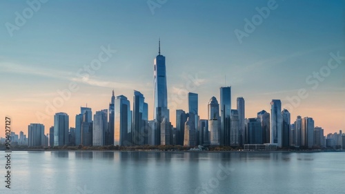 A stunning view of a modern skyline at dusk, featuring skyscrapers reflected on the water.