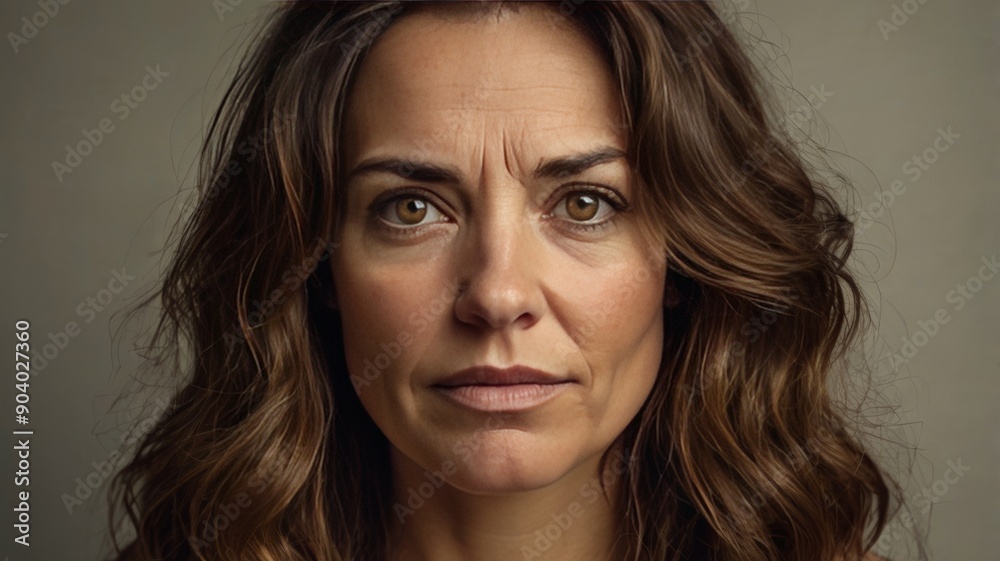 A mature Hispanic woman with wavy brown hair looks directly at the camera, her expression deep and contemplative. A mature Hispanic woman with wavy brown hair looks directly at the camera, her expression deep and contemplative.