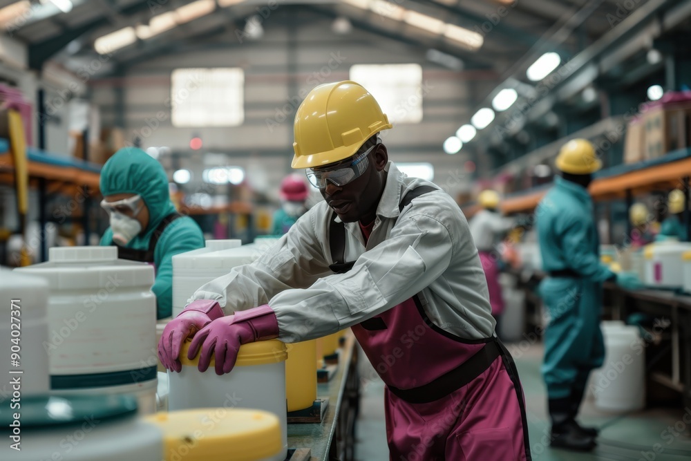 A factory worker wearing protective gear including a hard hat and gloves, handling containers on an assembly line. Industrial environment is visible in the background. A factory worker wearing protective gear including a hard hat and gloves, handling containers on an assembly line. Industrial environment is visible in the background.