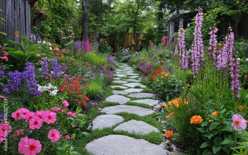 Fototapeta Naklejka Na Ścianę i Meble -  A peaceful garden with a variety of colorful flowers and a stone pathway 