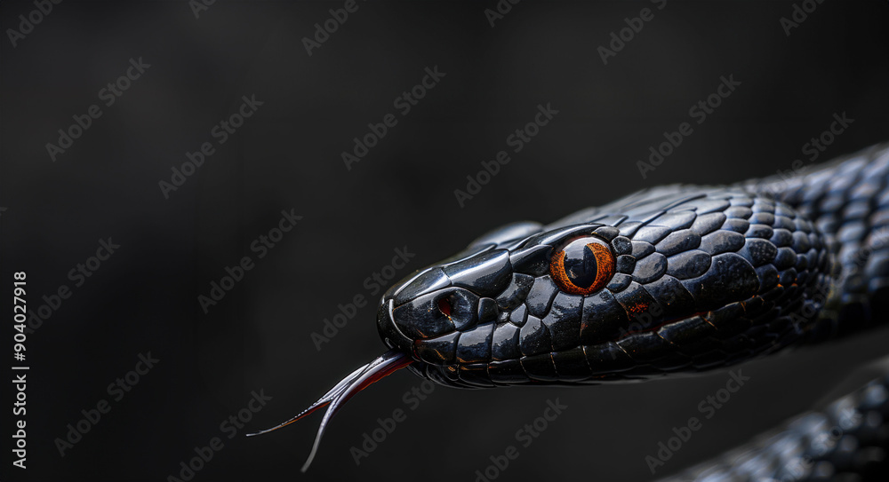Fototapeta premium Intense Close-Up of a Black Snake with Glossy Scales and Orange Eyes on Dark Background