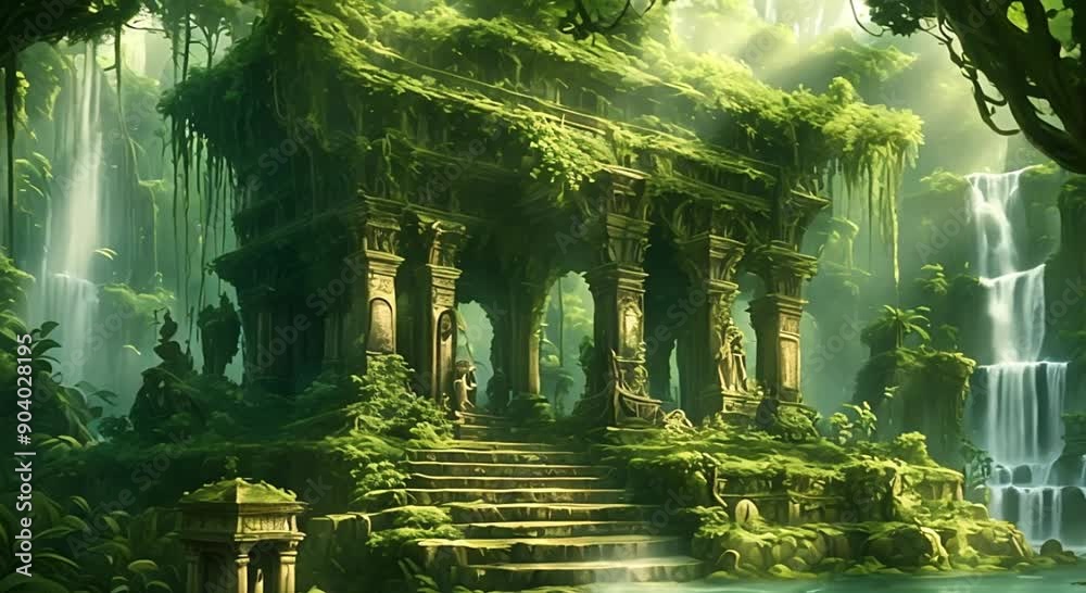 An ancient temple hidden deep in a jungle, overgrown with vines and ...
