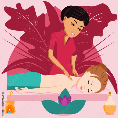Swedish massage with professional massage therapis in spa. Middle Eastern and European ethnicity. Isolated flat vector illustration.