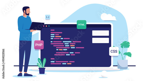 Developer working on computer writing code and programming standing besides big screen with abstract language. Flat design vector illustration with white background