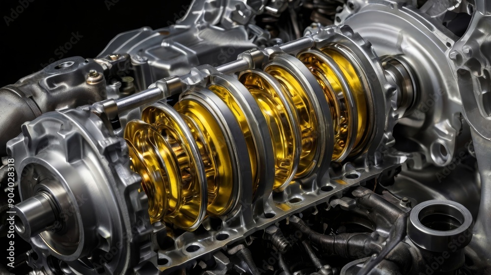 Close-up of a high-performance engine component featuring intricate metallic designs with a golden finish. Close-up of a high-performance engine component featuring intricate metallic designs with a golden finish.