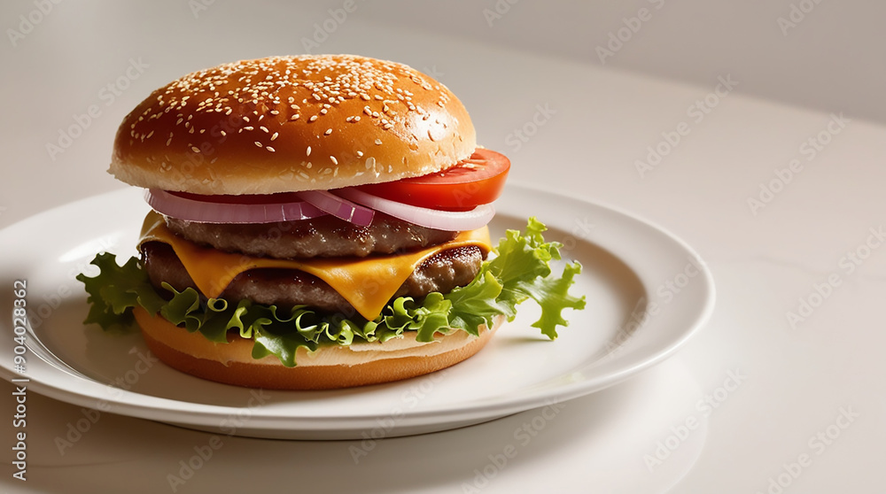 A mouthwatering and realistic burger featuring a juicy patty fresh vegetables orange background white plate
A mouthwatering and realistic burger featuring a juicy patty fresh vegetables orange background white plate