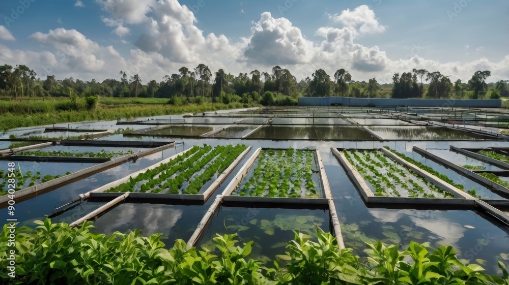 Fototapeta premium Lush green hydroponic farm with vibrant lettuce and clear water under a sunny sky.