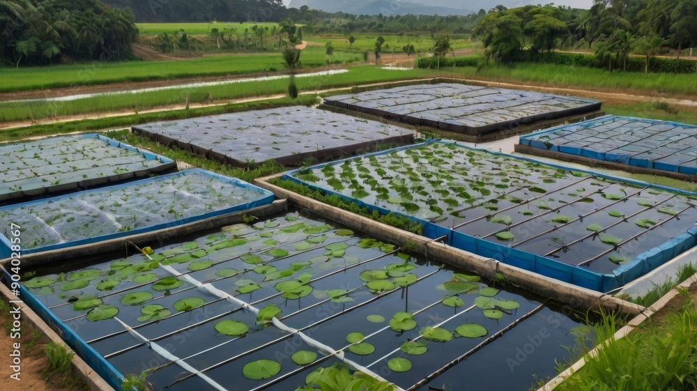 Aerial view of serene aquatic farms with vibrant lotus leaves and lush green surroundings in a tranquil landscape. Aerial view of serene aquatic farms with vibrant lotus leaves and lush green surroundings in a tranquil landscape.