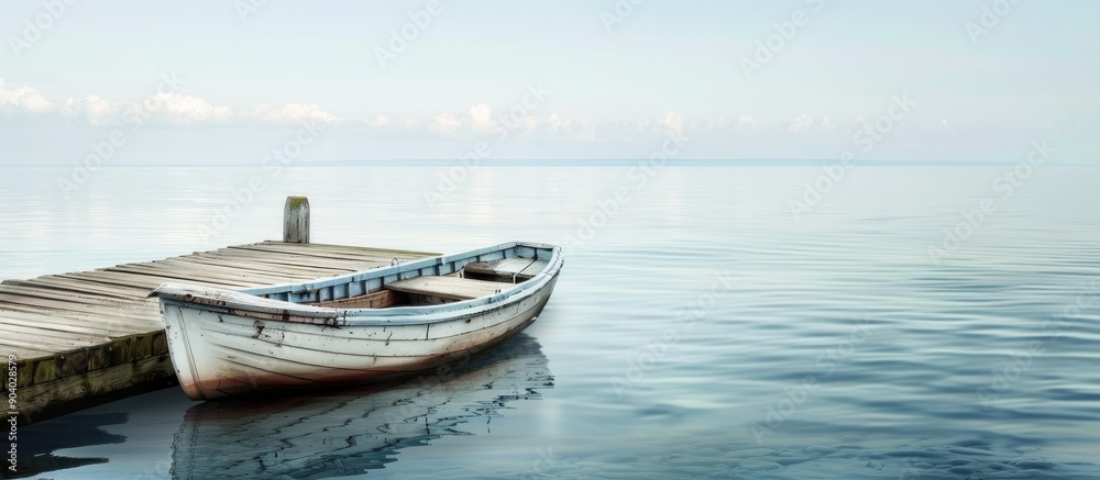Obraz premium A solitary boat is moored at the pier offering a serene view with abundant copy space image