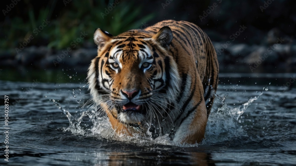 Naklejka premium A majestic tiger walks through water, creating splashes as it moves, showcasing its strength and grace.