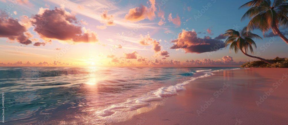 Sandy shore with palm trees a calm ocean and a sunset ideal for relaxation or a vacation with available copy space image Sandy shore with palm trees a calm ocean and a sunset ideal for relaxation or a vacation with available copy space image