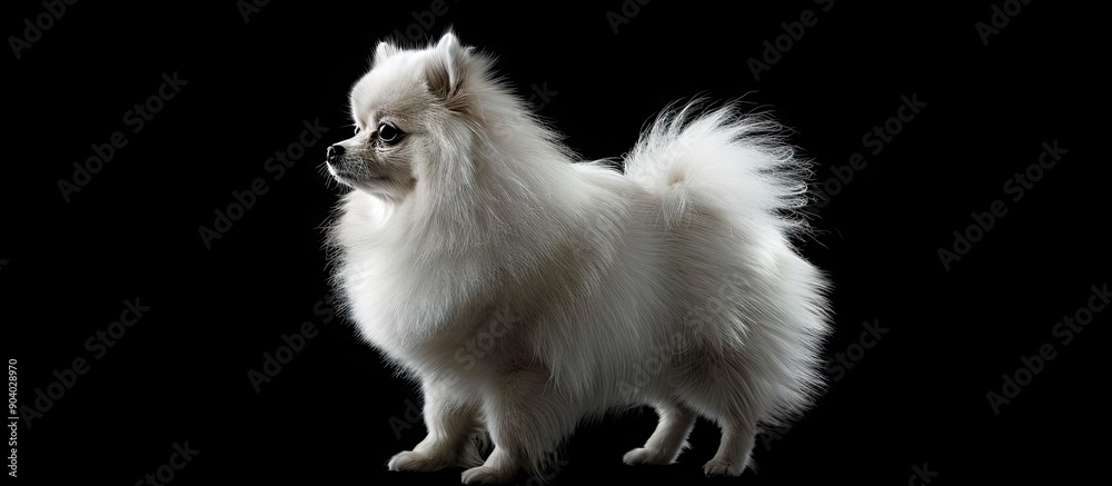 Fototapeta premium White Pomeranian Spitz dog poses in front of a black background in a standing position presenting a fluffy and cute appearance with copy space image available