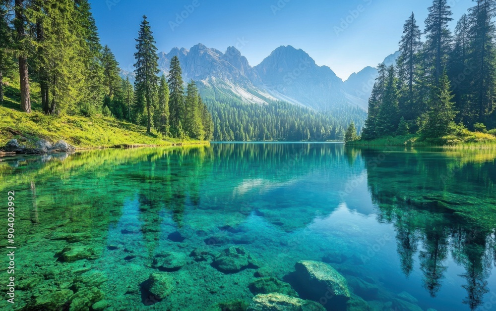 Fototapeta premium A peaceful lakeside with crystal clear water reflecting the surrounding trees 